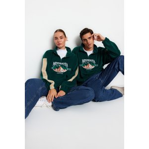 Trendyol Emerald Unisex Oversize Zipper Stand-Up Collar Sleeves Tape Trim City Embroidery Fleece Sweatshirt.