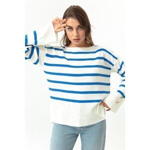 Lafaba Women's Blue Boat Neck Striped Knitwear Sweater