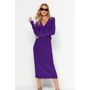 Trendyol fialová košeľa s výstrihom do V detailný bodycone/flexibilné vypasované midi pletené šaty
