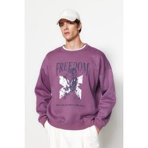 Trendyol Men's Lilac Oversize/Wide-Cut Crew Neck Printed Fleece Interior Cotton Sweatshirt.