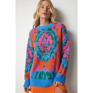 Happiness İstanbul Women's Sky Blue Orange Patterned Knitwear Sweater