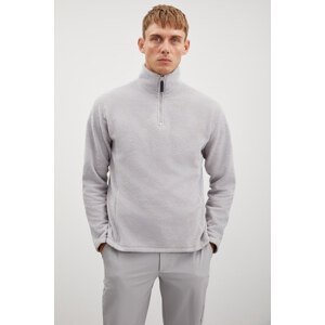 GRIMELANGE Hayes Men's Fleece Half Zipper Leather Accessory Thick Textured Comfort Fit Gray Fleece