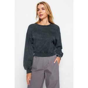 Trendyol Dark Anthracite Basic Crop Crew Neck Faded Effect Knitted Sweatshirt