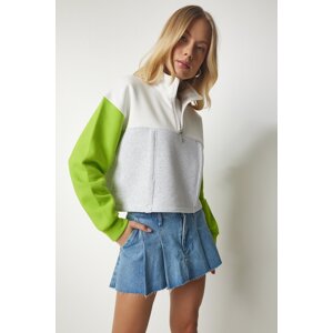 Happiness İstanbul Women's Gray Light Green Zipper Collar Raised Knitted Crop Sweatshirt