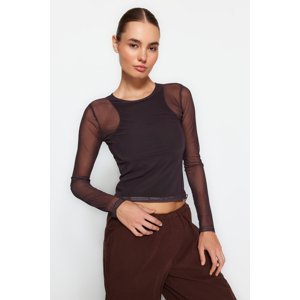 Trendyol Brown Tulle Fitted/Sliding Lined Knitted Blouse