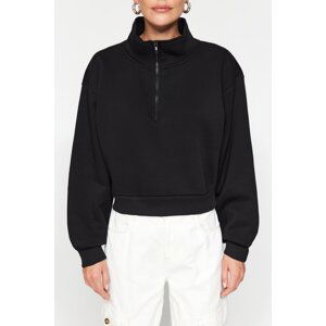 Trendyol Black Comfort Fit Crop Basic Zipper High Neck Fleece Inner Knitted Sweatshirt