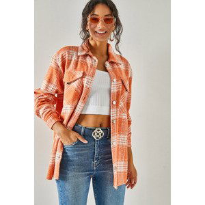 Olalook Women's Orange Double Pocket Loose Plaid Stamped Shirt