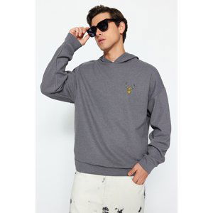 Trendyol Gray Men's Oversize Hoodie with Animal Embroidery Textured Sweatshirt.