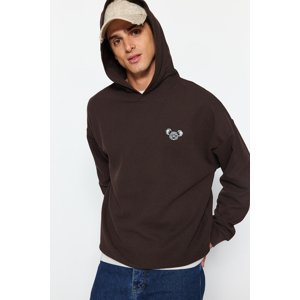 Trendyol Men's Brown Oversize Hoodie with Animal Embroidery Textured Sweatshirt.