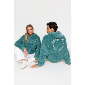 Trendyol Mint Oversize/Wide Cut Hooded Long Sleeve Text Embroidery Plush Sweatshirt