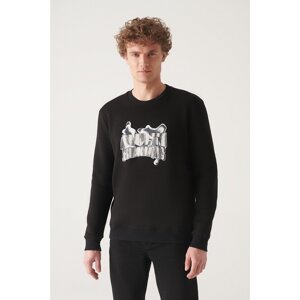 Avva Men's Black Crew Neck 3 Thread Fleece Hologram Printed Standard Fit Regular Fit Sweatshirt