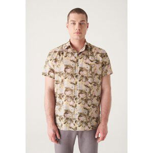 Avva Men's Khaki Printed Short Sleeve Trill Shirt