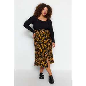 Trendyol Curve Black Floral Slit Detailed Knitted Skirt