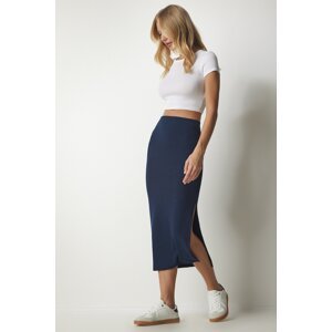 Happiness İstanbul Women's Navy Slotted Ribbed Knitted Pencil Skirt