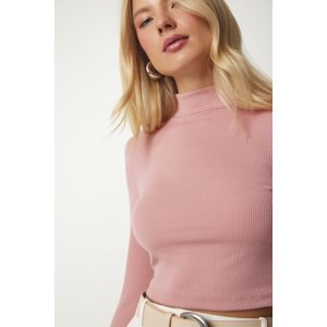 Happiness İstanbul Women's Pale Pink High Neck Ribbed Camisole Crop Blouse