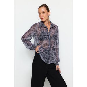 Trendyol Gray Animal Patterned Tulle Knitted Shirt
