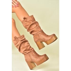Fox Shoes Tan Women's Suede Thick Heeled Pleated Boots