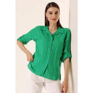 By Saygı Button-Front Polo Collar Shirt with Buttons, Folded Sleeves Dark Green