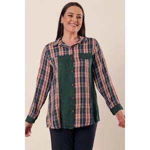 By Saygı Checked Patterned Shirt Green With Garnish Plus Size Plus Size