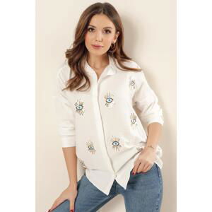 By Saygı Sequin Embroidered Eye Pattern Crepe Linen Shirt Cream