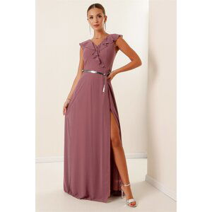 By Saygı Flounce Neck Belted Chiffon Long Slit Dress Large Size Indigo