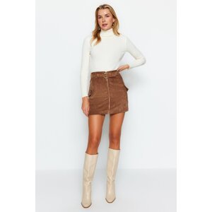 Trendyol Brown Belted Zipper Pocket Detailed Velvet Fabric Mini Woven Skirt