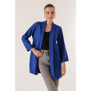 By Saygı Lycra Long Jacket with Fake Pockets, Shawl Collar