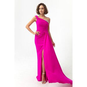 Lafaba Women's Fuchsia One-Shoulder Long Evening Dress with Stones.