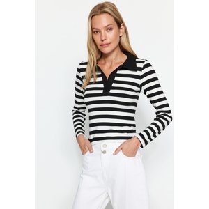 Trendyol Black Striped Soft Fabric Fitted/Situated Polo Neck Buttoned Elastic Knitted Blouse