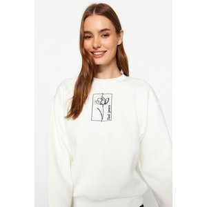 Trendyol Ecru Regular Regular with Floral Embroidery Crew Neck Knitted Sweatshirt with Fleece Inside