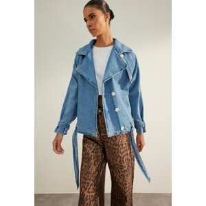 Trendyol modrý gombík detailný oversize trench kabát džínsová bunda
