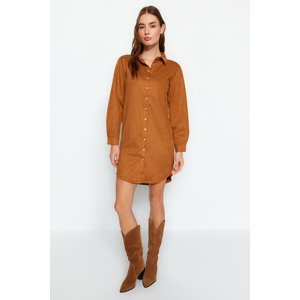 Trendyol Cinnamon Buttoned Polo Neck Suede Shift/Straight Mini Knitted Dress