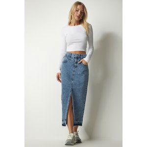 Happiness İstanbul Women's Ice Blue Slit and Tasseled Denim Skirt