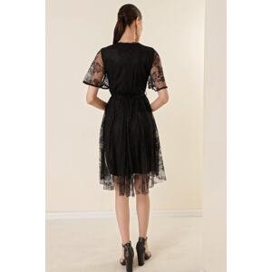 By Saygı Double Breasted Neck Waist Belted Lined Lace Dress with a Flare Skirt Black