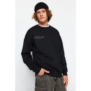 Trendyol Black Oversize/Wide Cut Text Embroidery Fleece Inside Pocket Sweatshirt