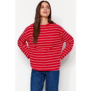 Trendyol Red Striped Oversize/Wide-Fit Crew Neck Thin Knitted Sweatshirt