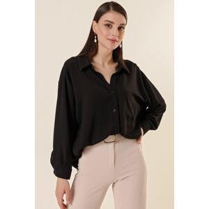 By Saygı Polo Collar, Single Pocket, Oversize Airon Shirt Black