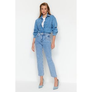 Trendyol modrý detail prešívania Rovné džínsy s vysokým pásom