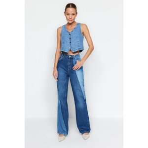 Trendyol Blue Color Block Vysoký pás široké nohavice džínsy