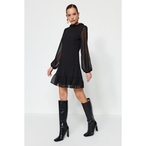 Trendyol Black A-line Ruffle Detail Stand Collar Mini Lined Chiffon Woven Dress