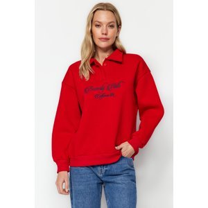 Trendyol Red Shirt Collar Regular Fit With Embroidery Fleece Inside Knitted Sweatshirt