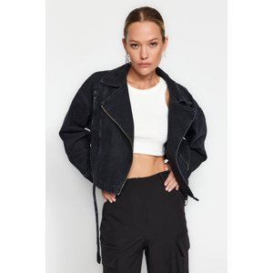 Trendyol Black Zipper Detailná motorkárska džínsová bunda
