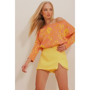 Trend Alaçatı Stili Women's Orange Boat Neck Patterned Loose Blouse