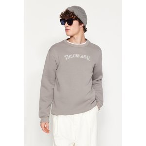 Trendyol Gray Men's Crew Neck Regular/Normal Cut Fleece Text Printed Sweatshirt
