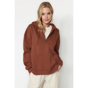 Trendyol Light Brown Thick Fleece Hooded Zippered Basic Oversized Knitted Sweatshirt