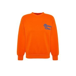 Trendyol Orange Thick Fleece Inside Slogan Embroidery Regular/Regular Knitted Sweatshirt