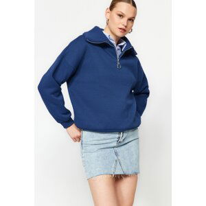 Trendyol Indigo Zipper Stand-Up Collar Thick Fleece Inside Regular Fit Knitted Sweatshirt