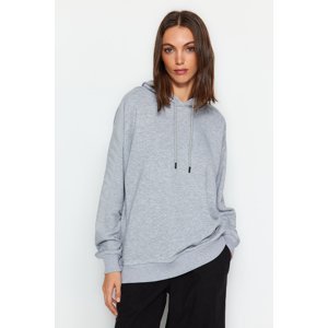 Trendyol Gray Melange Parachute Stripe Detailed Hooded Oversized Thick Knitted Sweatshirt