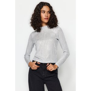 Trendyol Silver Metallic/Frozen High Collar Fitted/Closing Knitted Blouse