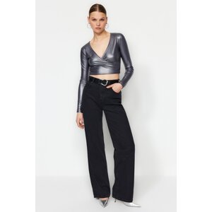 Trendyol Anthracite Faux Leather Double Breasted Crop Blouse